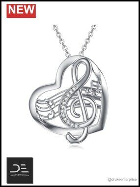 Sterling Silver Music Note Heart Pendant Necklace, Gift for Music Lovers Women